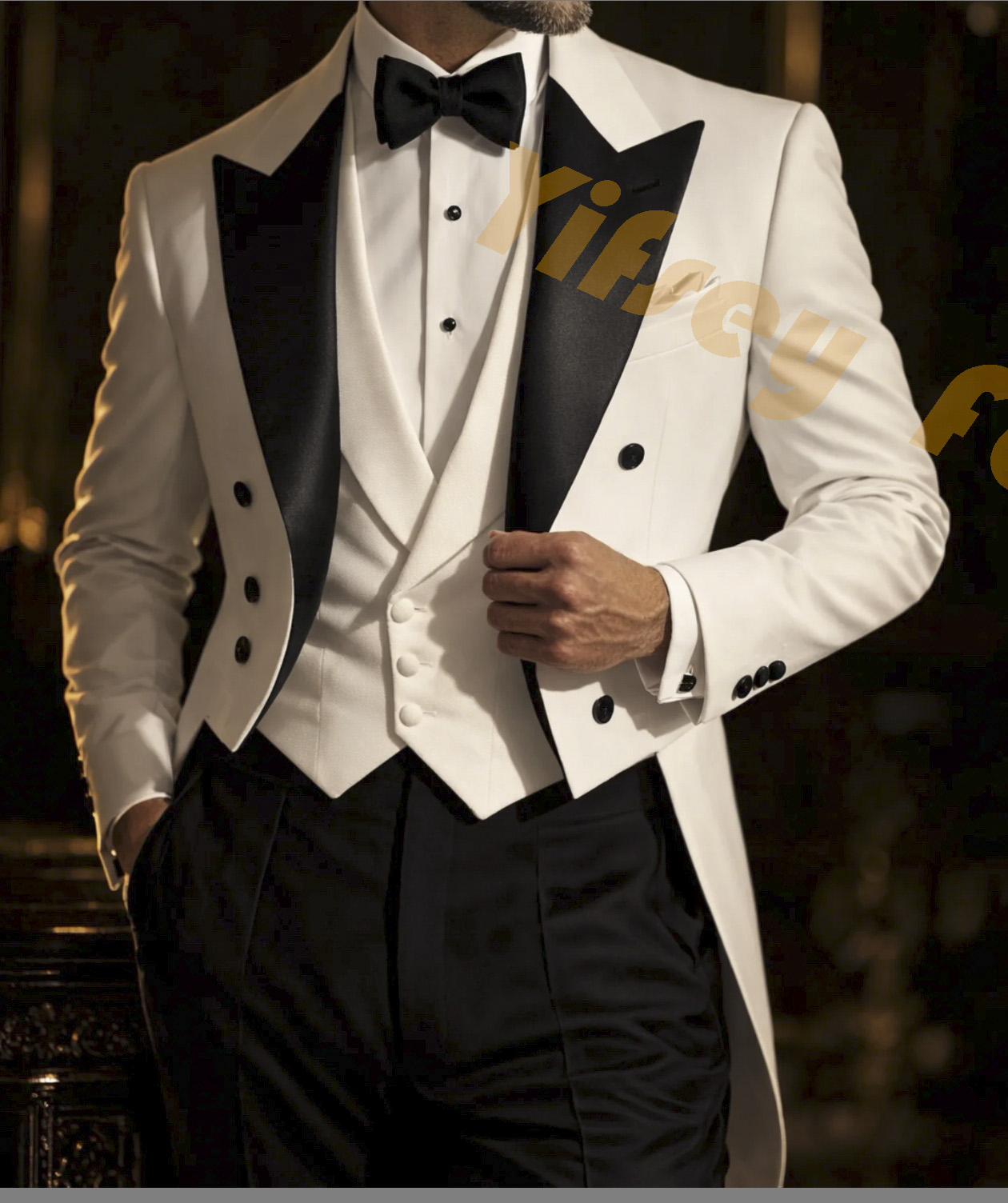 Men Grooming Outfit - 白い燕尾服、黒のパンツ、メンズスーツセット、結婚式新郎用カスタムメイド、ディナーパーティーウェア、男性用ベスト、スリムフィットブレザー、トラウザーズ、アウトフィット