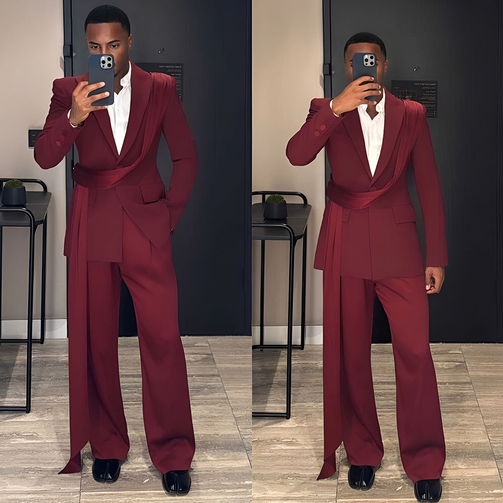 Men Grooming Outfit - ブルゴーニュ新メンズスーツ 2 ピース結婚式新郎タキシードファッションブレザーパンツハイエンドパーティー XS-5XL カスタム衣装