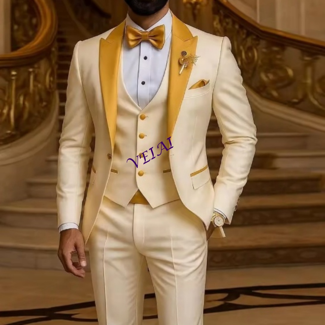 Men Grooming Outfit - カスタムゴールドカラー アイボリー メンズスーツ 結婚式 パーティー フォーマル