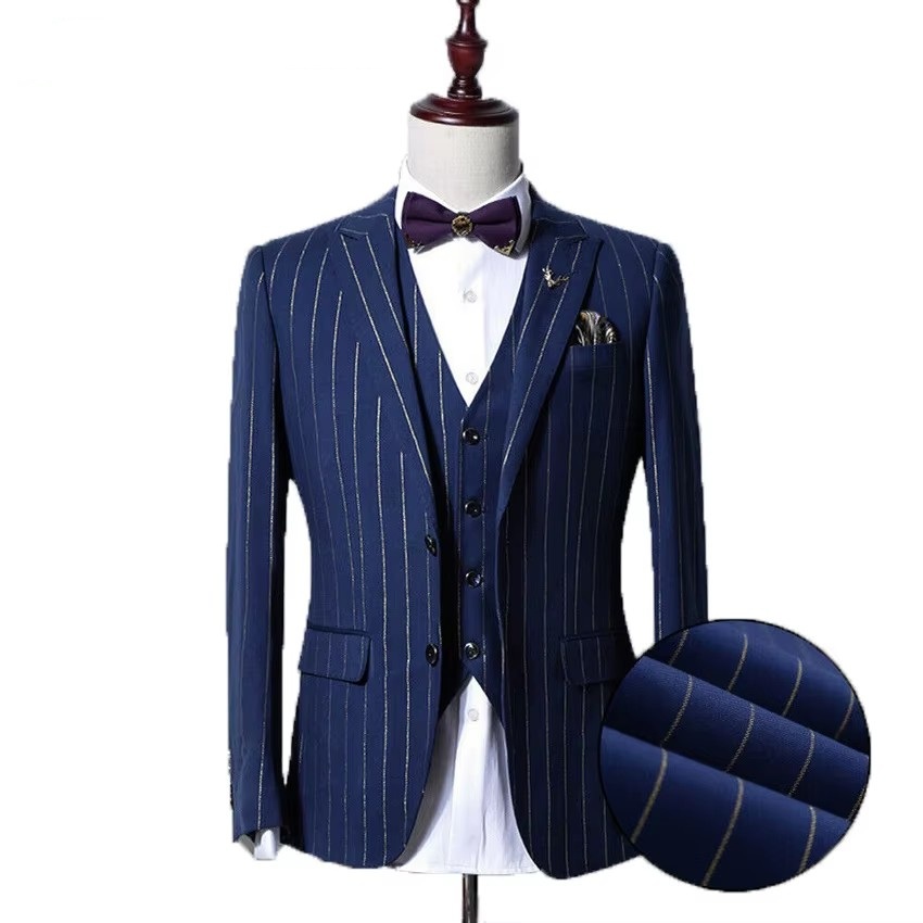 Men'S Grooming Jacket - Auriparus flaviceps ゴールドストライプマンスーツ 3 ピース新郎タキシードカスタムメイドマンスーツテーラーストライプスーツビジネススーツ