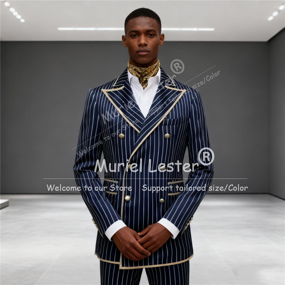 Men Grooming Outfit - ネイビーストライプメンズスーツピークドラペルダブルブレスト2ピースジャケット+パンツスリムスマートカジュアルフォーマルパーティー新郎タキシード衣装