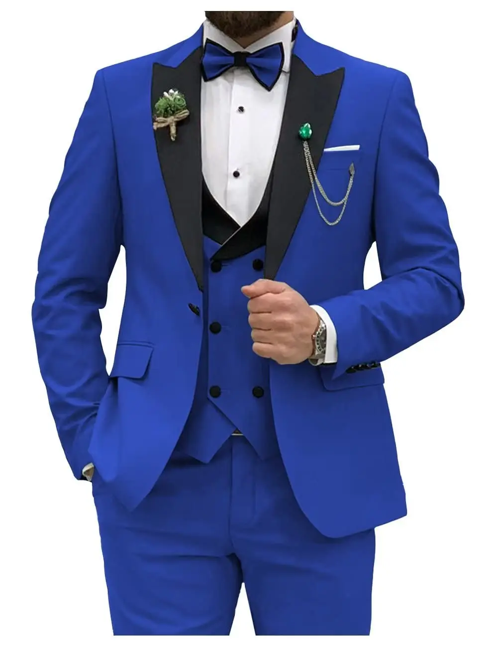Men Grooming Outfit - 3ピースのスリムなスーツ,ダブルブレスト,男性用,ロイヤルブルーのビジネススーツ,ベストとパンツ,結婚式,プロモーションパーティー,ビジネス