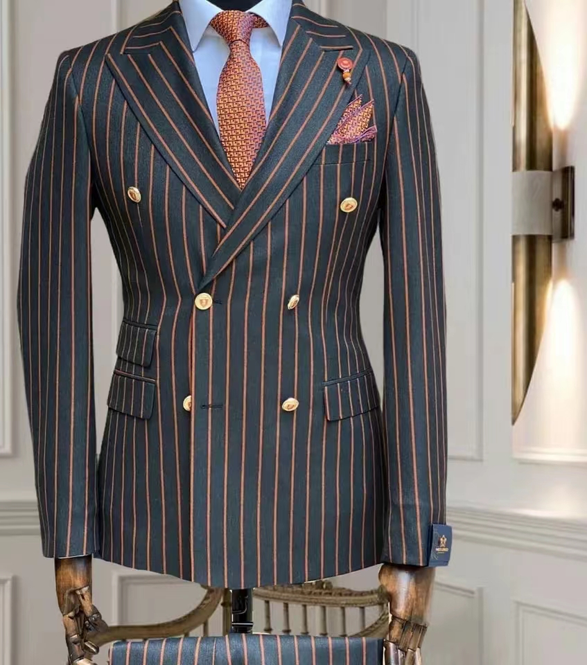 Men Grooming Outfit - Allingentle メンズスーツストライプビジネスブレザーセット 2 個男性コートパンツ付きダブルブレストジャケットパンツスーツカスタマイズ