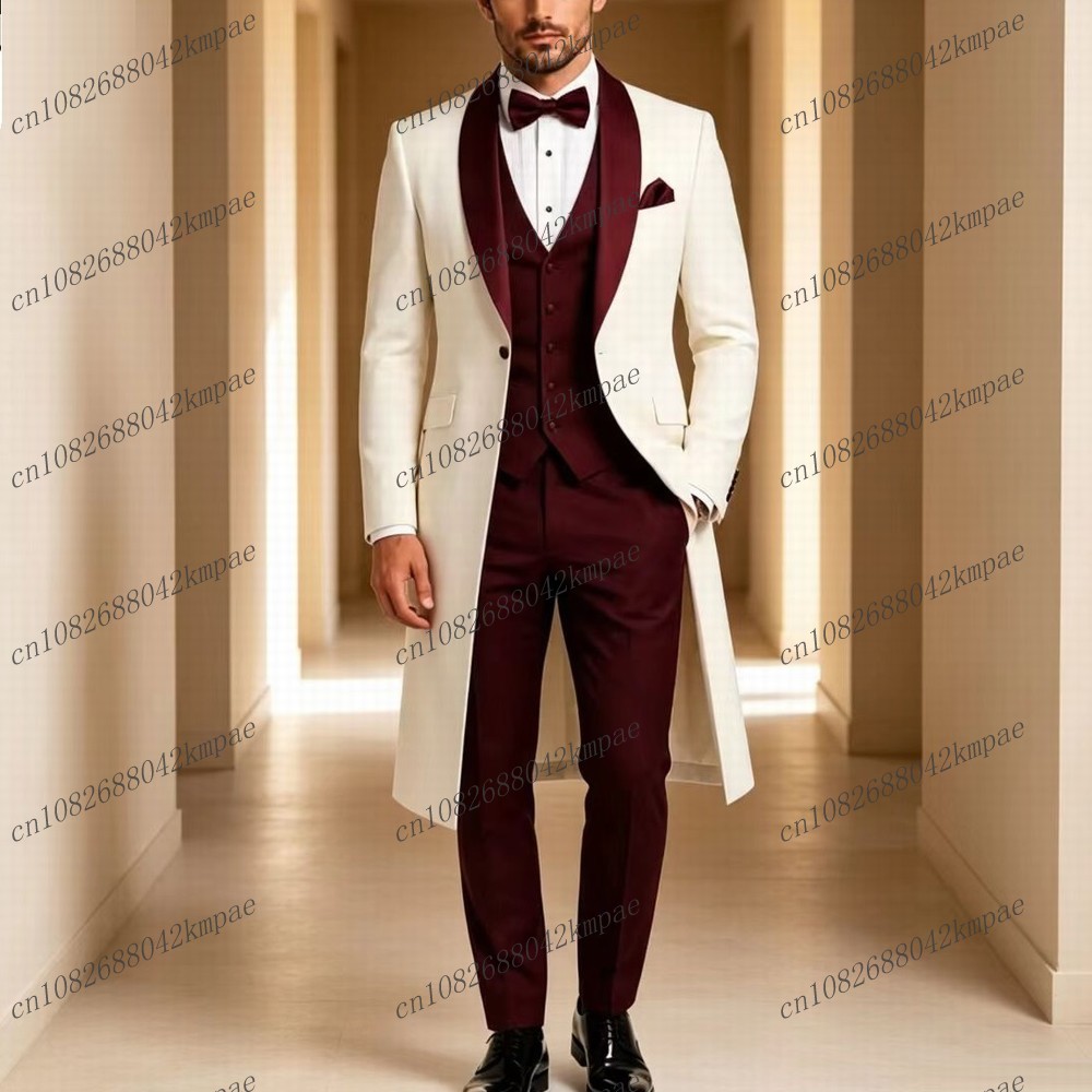 Men'S Grooming Jacket - 白とバーガンディのロングブレザーフォーマルメンズスーツ、結婚式、パーティー、新郎、プロム、ビジネス用男性タキシード3ピースセット（ジャケット、ベスト、パンツ）