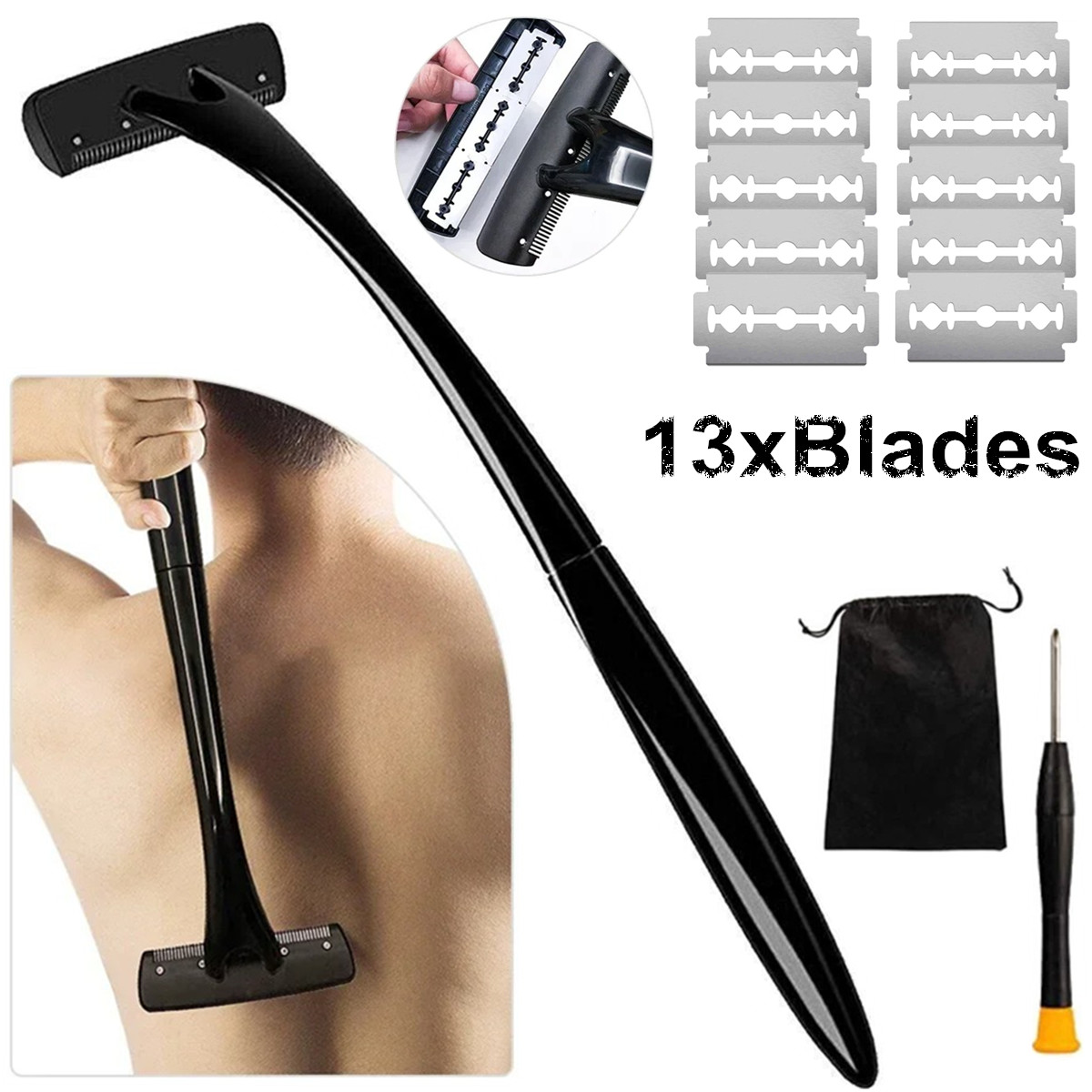 Men'S Grooming Hair Removal - 男性用ロングハンドル背中シェーバー、延長ハンドル付き全身脱毛用カミソリ、背中、胸、肩、腕、脚用のウェット＆ドライボディグルーマー、簡単DIYメンズグルーミングツール