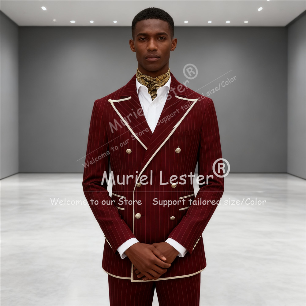 ネイビーストライプメンズスーツピークドラペルダブルブレスト2 - Men Grooming Outfit のレビューと価格